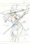 bare_shoulders breasts detached_sleeves dragon&#039;s_crown dragon's_crown dress hat hat_over_one_eye highres large_breasts long_hair side_slit sketch solo sorceress_(dragon&#039;s_crown) sorceress_(dragon's_crown) staff strapless_dress vanillaware witch_hat yamazaki_(now_printing) 