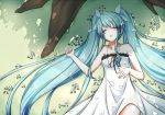  aqua_hair bad_id bare_shoulders closed_eyes dress eyes_closed hatsune_miku jewelry long_hair lying necklace petals sei000 solo strapless_dress twintails very_long_hair vocaloid 