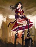  alice:_madness_returns alice_(wonderland) alice_in_wonderland alternate_costume american_mcgee&#039;s_alice black_hair blood boots gloves green_eyes hao_(patinnko) highres jewelry long_hair necklace pantyhose solo striped striped_legwear weapon 