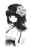  flower hair_flower hair_ornament hieda_no_akyuu japanese_clothes kimono monochrome peony_(flower) short_hair smile socha solo string touhou 