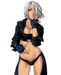  angel_(kof) blue_eyes breasts chaps cleavage fingerless_gloves gloves hair_over_one_eye king_of_fighters king_of_fighters_neowave leather_jacket lips midriff nakano_tomokazu navel official_art short_hair snk white_hair 