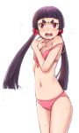  ao_no_exorcist bikini blush breasts covering covering_breasts eyebrows face front-tie_top hair_bobbles hair_ornament hand_to_chest hands_on_own_chest hime_eyebrows kamiki_izumo long_hair navel nekomasu open_mouth purple_hair red_eyes short_eyebrows solo strap_slip sweat sweatdrop swimsuit tsundere twintails 