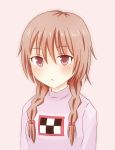  bad_id blush braid brown_hair checkered hair_bobbles hair_ornament highres madotsuki micmcos red_eyes simple_background solo sweater twin_braids twintails yume_nikki 