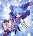  :d bloomers blue_eyes blue_hair blush bobby_socks bow cirno dress fang hair_bow happy kitsune_choukan kitsune_udon_(artist) mary_janes open_mouth perfect_cherry_blossom scarf shoes short_hair smile socks solo touhou wings 