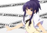  :o alternate_hairstyle apron badge caution_tape long_hair looking_at_viewer open_mouth outstretched_arms paprika_(artist) ponytail purple_eyes purple_hair short_sleeves solo tsurime violet_eyes waitress working!! yamada_aoi 