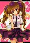  blush breasts brown_eyes brown_hair cellphone checkered checkered_skirt girotin_ginza hat himekaidou_hatate long_hair necktie phone pointy_ears skirt solo tokin_hat touhou twintails 