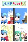  4koma blonde_hair blue_hair boxing_gloves catstudio_(artist) comic detached_sleeves empty_eyes expressionless green_hair hair_ornament hair_ribbon hairpin hammer hatsune_miku highres kagamine_rin kaito machine megurine_luka midriff multiple_girls necktie nichijou parody pink_hair ribbon scarf shirt skirt thai translated translation_request twintails vocaloid 