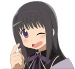  a1 akemi_homura arawi_keiichi_(style) black_hair hairband long_hair mahou_shoujo_madoka_magica naganohara_mio nichijou parody purple_eyes solo style_parody violet_eyes wink 