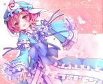  bad_id blue_dress blush butterfly cherry_blossoms dress hat long_sleeves nekosugiayana open_mouth outstretched_arms pink_eyes pink_hair ribbon saigyouji_yuyuko short_hair smile solo touhou 