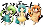  :&gt; :d \o/ arms_up blue_hair brown_eyes bulbasaur character_name charmander dress fang green_eyes green_hair hands_on_face hands_on_own_face long_hair moemon multiple_girls open_mouth outstretched_arms personification pokemon pokemon_(game) pokemon_rgby shiba_itsuki short_hair simple_background smile squirtle tail twintails white_background 