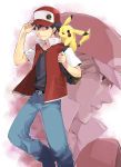  2boys artist_request baseball_cap black_eyes black_hair boy brown_eyes brown_hair dual_persona hat leaf multiple_boys pikachu pokemon pokemon_(creature) pokemon_(game) pokemon_rgby red_(pokemon) red_(pokemon)_(classic) 