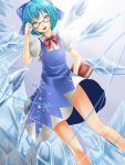  adjusting_glasses bespectacled blue_eyes blue_hair book bow cirno dress glasses hair_bow highres ice legs open_mouth reio_(reio_reio) reio_reio short_hair solo touhou wings 