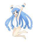  arms_up barefoot blue_eyes blue_hair clenched_hands flat_chest hat ikamusume long_hair nakarin one-piece_swimsuit raised_fist raised_fists shinryaku!_ikamusume swimsuit tentacle_hair white_swimsuit 
