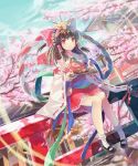  ascot bobby_socks bow brown_hair cherry_blossoms detached_sleeves dress dutch_angle embellished_costume fish frills hair_bow hair_ornament hair_tubes hakurei_reimu hakurei_shrine hayama_eishi highres miko nari_otoko necktie plate red_dress red_eyes ribbon shimenawa sitting smile socks solo torii touhou tree wide_sleeves 