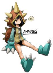  bag bare_legs black_hair brown_eyes genderswap hoodie league_of_legends no_pants personification pikaboots rammus randoseru short_hair sitting spikes transparent_background zipper 