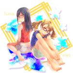  anjou_naruko ano_hi_mita_hana_no_namae_wo_bokutachi_wa_mada_shiranai bare_shoulders barefoot blue_eyes blue_hair feet flower foreshortening fumi_(butakotai) glasses hair_ornament hairclip hands_on_feet long_hair looking_back multiple_girls nail_polish orange_eyes orange_hair pig_7 red-framed_glasses shorts toenail_polish tsurumi_chiriko twintails 