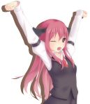  arms_up bad_id head_wings highres koakuma long_hair nasupocky necktie open_mouth red_eyes red_hair redhead skirt solo stretch the_embodiment_of_scarlet_devil touhou vest wink yawning 