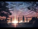  artist_request cloud clouds highres hono_mochizuki long_hair night night_sky original scenery school_uniform serafuku skirt sky solo standing star star_(sky) sun sunset thigh-highs thighhighs tree 