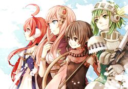  ahoge armor brown_eyes brown_hair detached_sleeves earmuffs fantasy gauntlets gloves green_eyes green_hair group_profile gumi hair_ornament kaai_yuki lineup long_hair megurine_luka miki miki_(vocaloid) multiple_girls pink_hair profile red_eyes red_hair redhead sf-a2_miki short_hair smile sword tama_(songe) vocaloid weapon 