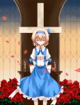  alice_margatroid alice_margatroid_(pc-98) altar arms_behind_back blonde_hair blouse bowtie candle closed_eyes cross flower hair_ribbon hairband nanatuki13 petals red_rose ribbon rose short_hair skirt smile solo suspenders touhou touhou_(pc-98) 
