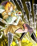  ashi_ura beret blonde_hair blurry boots breasts brown_legwear corset cup depth_of_field detached_sleeves drill_hair field_of_blades fingerless_gloves from_above gloves gun hair_ornament hairpin hat highres large_breasts long_hair looking_up magical_girl magical_musket mahou_shoujo_madoka_magica pleated_skirt puffy_sleeves ribbon rifle saucer skirt solo taut_shirt tea teacup thigh-highs thighhighs tomoe_mami twin_drills vertical-striped_legwear vertical_stripes weapon yellow_eyes zettai_ryouiki 