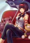  black_hair bob_cut bowl_cut breasts brown_eyes couch crossed_legs earrings facial_mark hairband headband jewelry kriem legs_crossed lipstick mad_bear_(tiger_&amp;_bunny) makeup midriff navel necktie okappa red_eyes short_hair sideboob sitting sleeveless_shirt tattoo teddy_bear tiger_&amp;_bunny tyun umbrella 