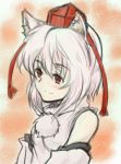  1girl animal_ears bust detached_sleeves hat inubashiri_momiji red_eyes redz sketch solo tokin_hat touhou white_hair wolf_ears 