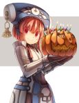  blush blush_stickers cake candle coat dewprism food fruit gloves hat highres jack-o'-lantern looking_at_viewer maya_(dewprism) namaru_(summer_dandy) pumpkin red_eyes red_hair redhead short_hair smile solo strawberry 