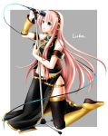  aqua_eyes bare_shoulders black_legwear boots breasts headphones highres kneeling large_breasts long_hair megurine_luka microphone microphone_stand navel open_mouth pink_hair shinsuisha side_slit solo tattoo thigh-highs thighhighs vocaloid zettai_ryouiki 