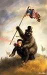  all_fours american_flag battlefield bear commentary copyright_request epic eye_beam facial_hair flag hat highres laser matthew_mckeown monocle mustache role_reversal top_hat what 