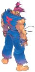  90s barefoot beads bengus capcom clothes_writing clothing_writing dark_skin fingerless_gloves from_behind gloves gouki heaven_(kanji) highres male muscle official_art prayer_beads red_hair redhead solo street_fighter street_fighter_ii topknot torn_clothes torn_sleeves 