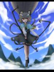  animal_ears capelet cloud clouds dowsing_rod footwear grey_hair jewelry looking_at_viewer mokku mountain mouse mouse_ears mouse_tail nazrin necklace pendant red_eyes ship short_hair smile socks solo tail touhou 