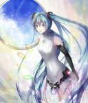  aqua_eyes aqua_hair bangs belt blue_eyes blue_hair bodysuit bridal_gauntlets dutch_angle gloves hatsune_miku hatsune_miku_(append) lips long_hair miku_append round_window shinrin_kusaba sky sleeveless sleeveless_shirt smile solo twintails very_long_hair vocaloid vocaloid_append window 