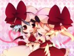  ascot bow chibi closed_eyes cuddling doily eyes_closed fangs flandre_scarlet hand_holding happy harusan hat hat_bow heart highres holding_hands multiple_girls nervous no_nose remilia_scarlet short_hair siblings sisters surprised touhou 