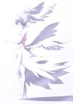  bare_shoulders darker_than_black dress elbow_gloves gloves head_wings high_heels highres kaname_nagi ponytail profile shadow shoes silver_hair simple_background solo standing thigh-highs thighhighs white white_background white_legwear wings yin 