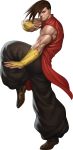  baggy_pants bangs bridal_gauntlets brown_hair capcom chinese_clothes fighting_stance fringe highres muscle official_art shoes sneakers solo stanley_lau street_fighter street_fighter_iii yang_lee 