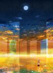  bird brown_hair building cloud clouds cross flower full_moon hat highres leaf lily_pad moon original ripples scenery skirt sky solo sunset tower tree wading water yatsude 