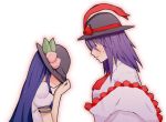  blue_hair blush bow cowering dress food fruit gogyoo_hiroshi hat hat_tug hinanawi_tenshi leaf long_hair multiple_girls nagae_iku peach purple_hair red_eyes shawl short_hair smile sweat sweatdrop touhou yuri 