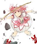  choker cuts gloves highres injury kaname_madoka ktro magical_girl mahou_shoujo_madoka_magica pink_eyes pink_hair rock shoes short_hair simple_background twintails white_gloves 