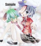  2girls ahoge animal_ears ayuayu bare_legs blue_eyes blue_hair blush drooling geung_si green_eyes green_hair grey_hair hat hitodama jiangshi kasodani_kyouko marker_(medium) miyako_yoshika multiple_girls ofuda pale_skin sample short_hair sitting skirt star touhou traditional_media 