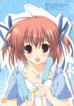  brown_hair copyright_request eating face fang food hair_ribbon highres ice_cream jewelry mikeou open_mouth pendant popsicle red_eyes ribbon scan short_twintails solo twintails 
