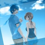  1girl blue blue_eyes blue_hair brown_eyes brown_hair casual cloud clouds couple hand_holding holding_hands kaito meiko nail_polish photo_(object) picture scarf short_hair sky vocaloid wakarihasq 