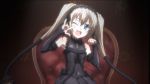  blonde_hair blue_eyes chair ekaterina_kurae fang gothic_lolita open_mouth seikon_no_qwaser twintails wink 