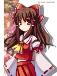  ame_(candycircle) ascot bow brown_eyes brown_hair candycircle detached_sleeves dress hair_bow hair_tubes hakurei_reimu long_hair miko solo touhou 