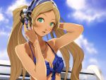  :o bikini bikini_top blush breasts chou_shittou_caduceus cleavage cropped duplicate frills green_eyes headphones jewelry jpeg_artifacts long_hair necklace park_bench resizing_artifacts swimsuit tonegawa_anju twintails wallpaper 