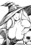  breasts cleavage detached_sleeves dragon&#039;s_crown hat huge_breasts large_breasts lipstick long_hair monochrome sketch skull sorceress_(dragon&#039;s_crown) ueyama_michirou witch_hat 
