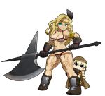  amazon_(dragon&#039;s_crown) amazon_(dragon's_crown) armlet armor axe bikini bikini_armor blonde_hair boots braid breasts chibi circlet cloak dragon&#039;s_crown dragon's_crown elf elf_(dragon&#039;s_crown) elf_(dragon's_crown) feathers gloves green_eyes highres hood large_breasts long_hair multiple_girls muscle muscular_female open_mouth pointy_ears size_difference smile swimsuit tattoo thick_thighs thighs twin_braids ume_(noraneko) weapon young 