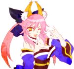  \m/ animal_ears bare_shoulders bow breasts caster_(fate/extra) cleavage detached_sleeves fate/extra fate/stay_night fate_(series) fox_ears fox_tail hair_bow japanese_clothes large_breasts mgk968 pink_hair smile solo tail twintails wink yellow_eyes 