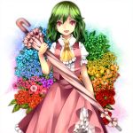  ascot bad_id closed_umbrella colorful dress_shirt floral_background flower green_hair kazami_yuuka open_mouth rainbow_order red_eyes ringpearl shirt skirt skirt_set smile solo touhou umbrella vest youkai 