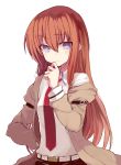  belt blue_eyes hand_on_hip hand_to_mouth hips jacket kumadano long_hair makise_kurisu necktie open_clothes open_jacket orange_hair solo steins;gate 